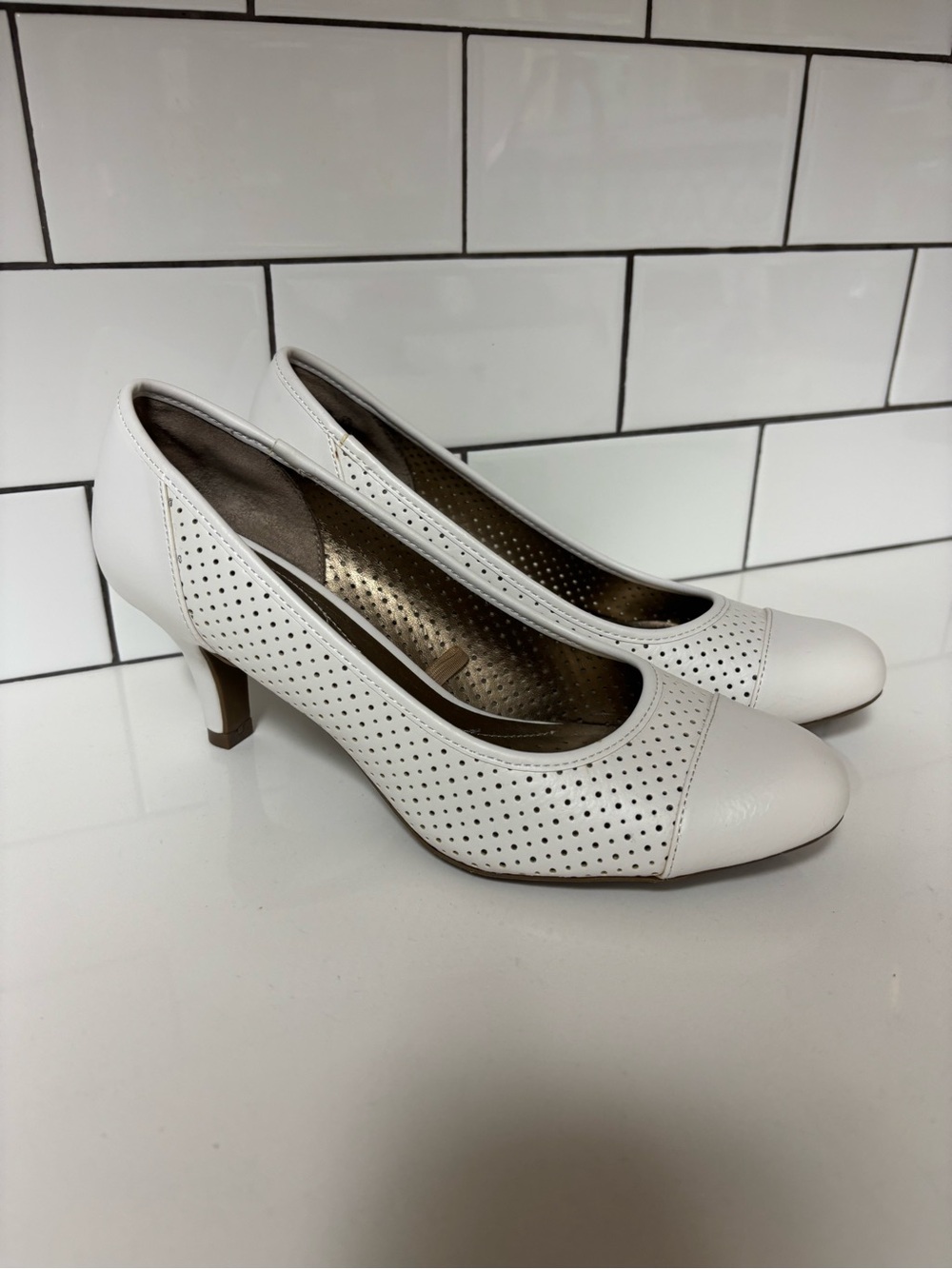 Life Stride White Perforated Mid Heel Pumps